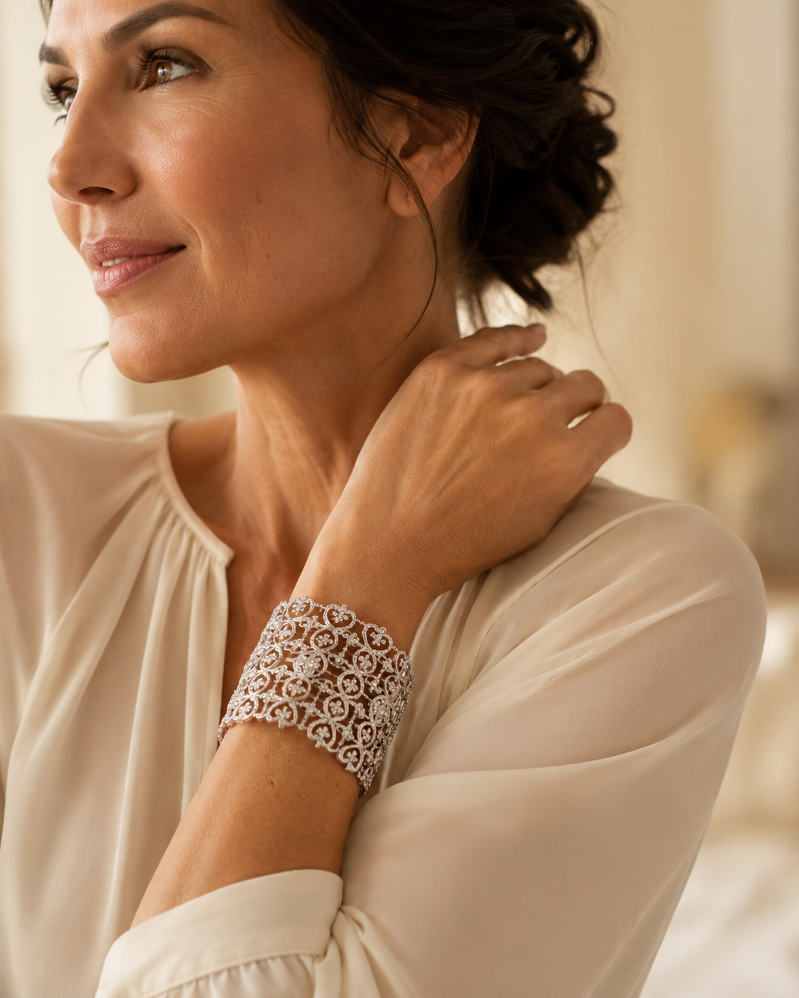 Openwork diamond cuff bracelet worn on wrist