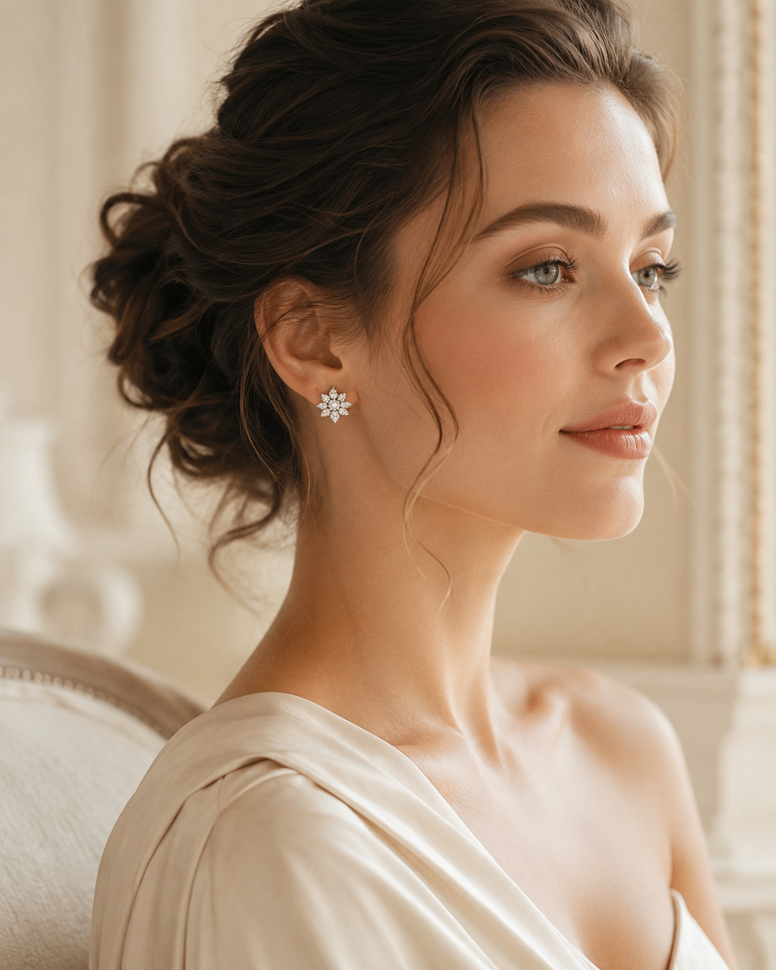 Custom diamond floral cluster earrings worn on model