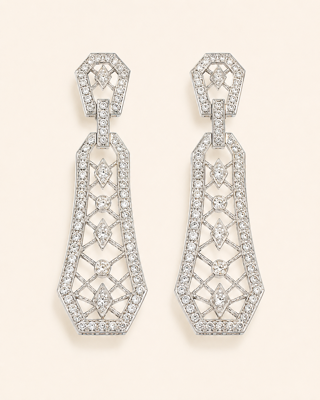 18K white gold and diamond custom Art Deco drop earrings