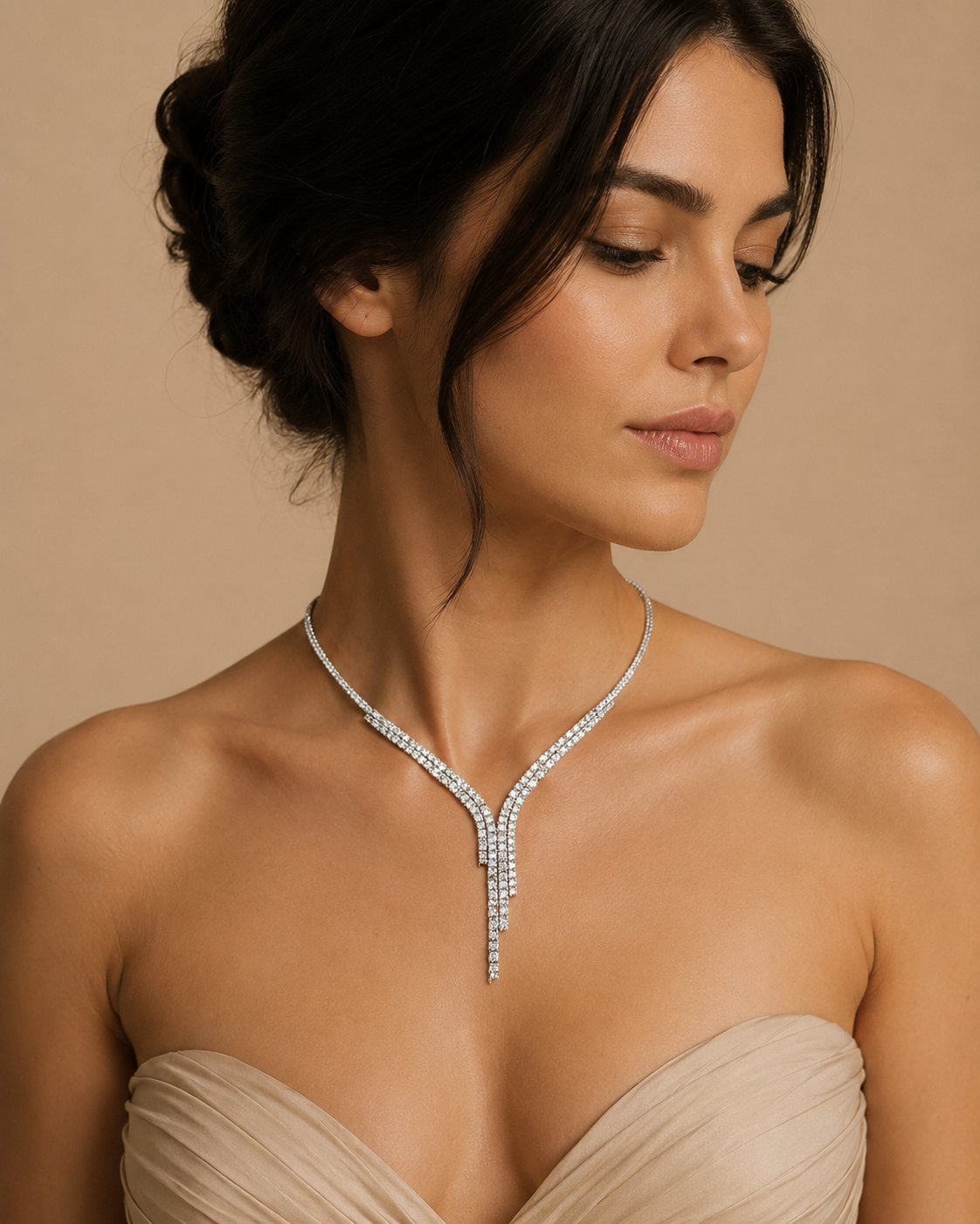 Diamond lariat necklace worn at the neckline