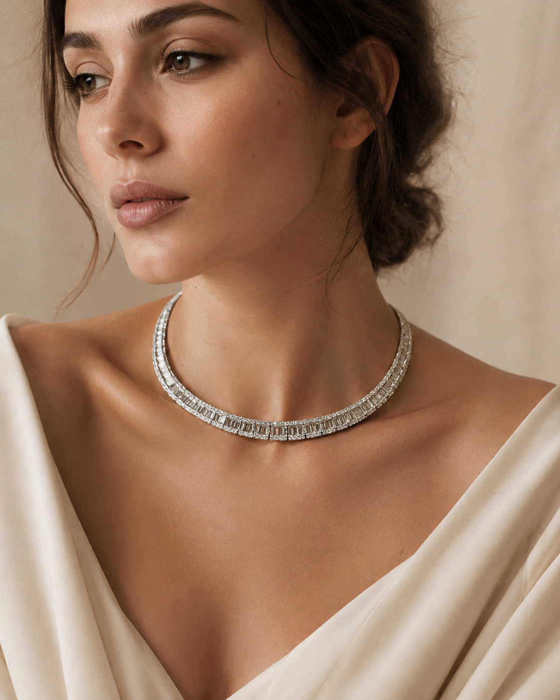 Diamond collar necklace worn on neckline