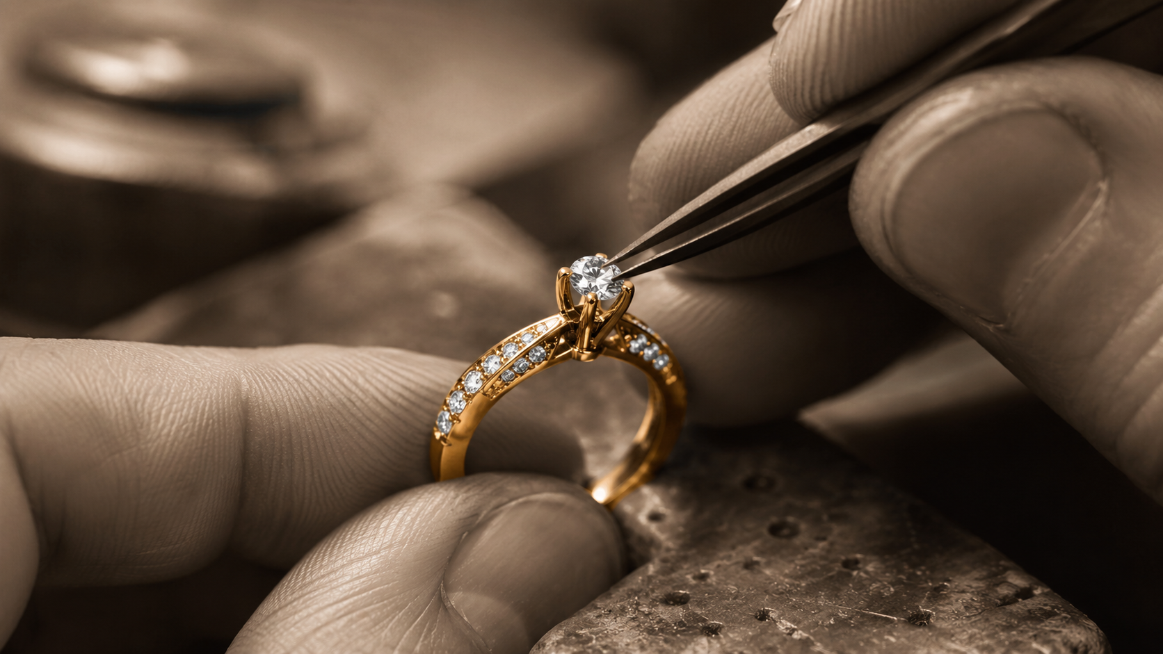 Jeweler setting a diamond ring by hand