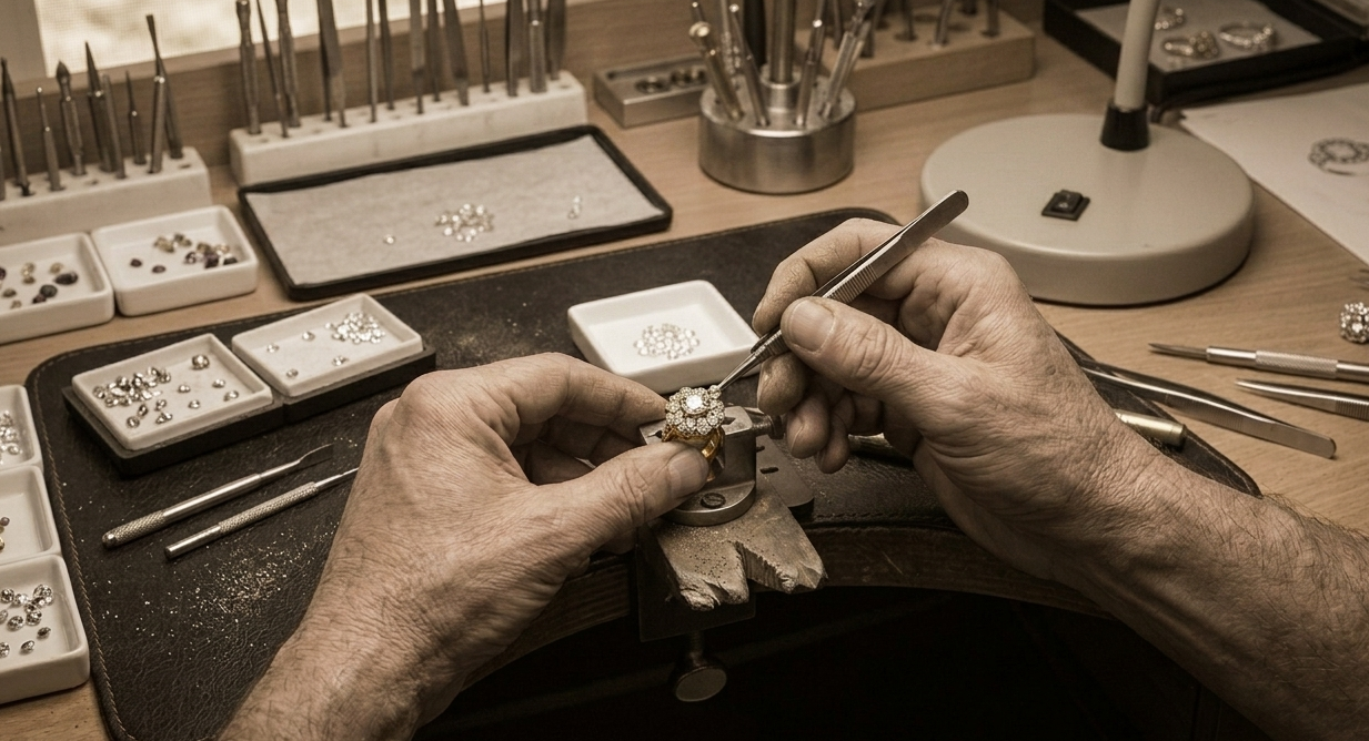 Jeweler setting a diamond ring by hand